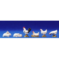 Grupo gallinas, gallo y conejo blancos 10 cm plástico Moranduzzo - Landi