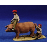 Niños con cerdo 10 cm barro pintado De Francesco