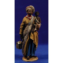 Pastora negra con cesto y niño 18 cm barro y tela pintada Angela Tripi